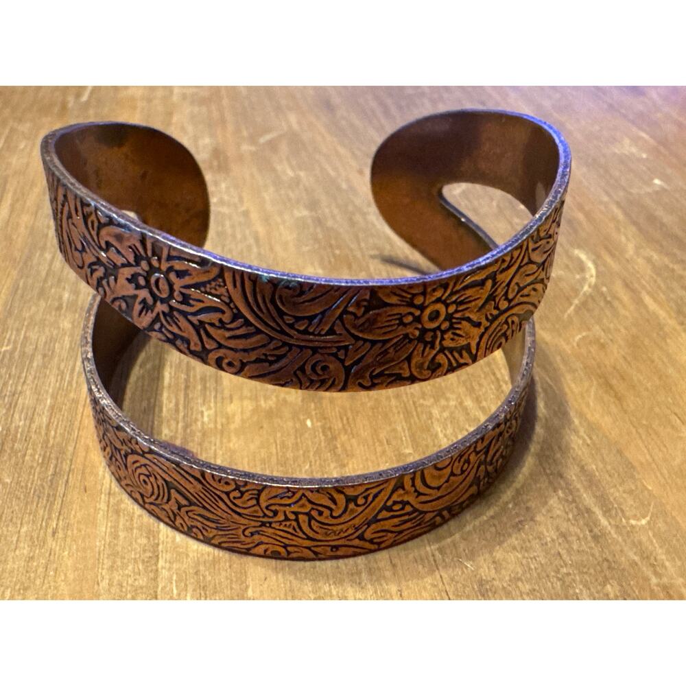 Detailed Floral Tooled‎ Double Copper Cuff Bracelet
